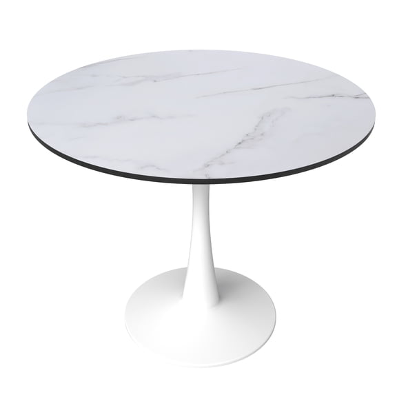 LeisureMod Bristol 35 Inch Mid Century Modern Round Dining Table, Wood Top & Glossy Iron Pedestal Base for Kitchen & Dining Room White/Marbled White