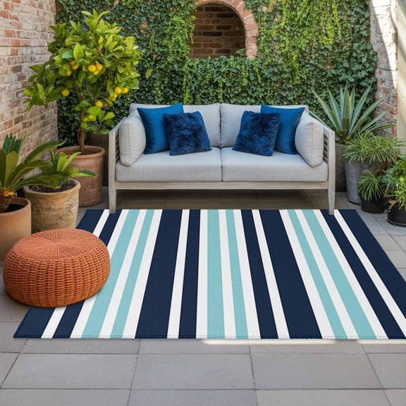 Turquoise Dark Indoor Outdoor Rugs 4x6 Ft, Blue Striped Minimalist Contrast Vertical Stripes Outdoor Patio Rugs Mat Washable Outside Area Rugs Carpet for Porch Deck RV Camping Pool Balcony Backyard