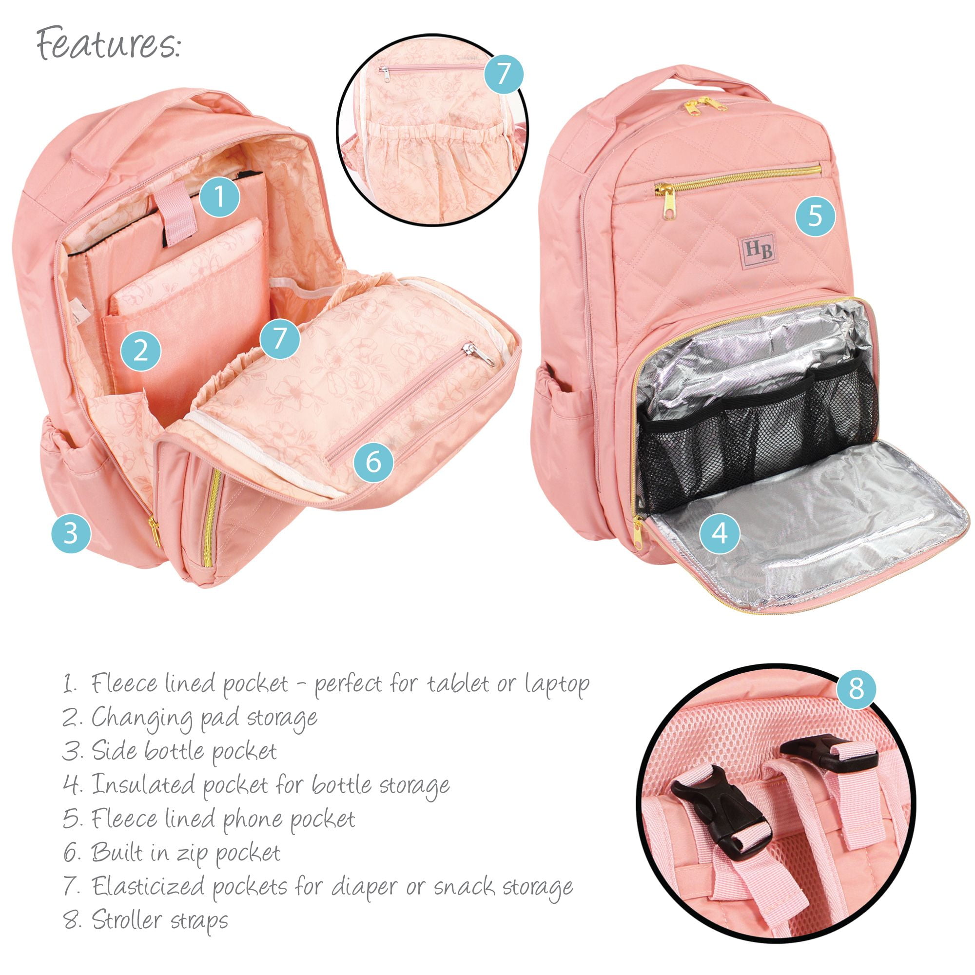 Hudson Baby Premium Diaper Bag Backpack and Changing Pad, Blush, One Size