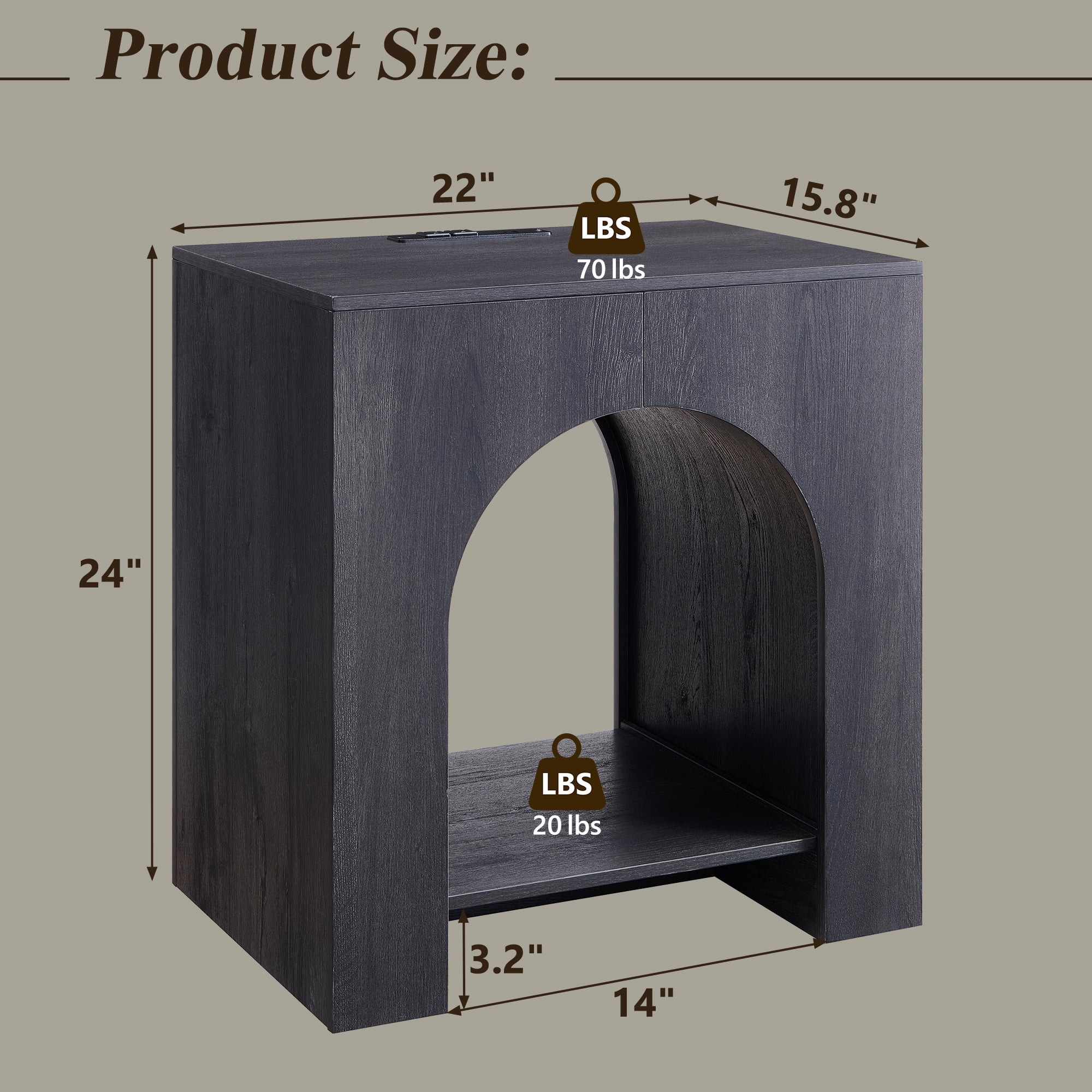 SinCiDo Modern Arched Nightstand with Charging Station, Bedside Table with Open Shelf Storage for Bedroom, Living Room