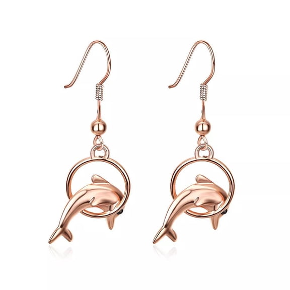 18K Rose Gold Plated Earrings Drop Dangle Fish Hook Dolphin .52" L192