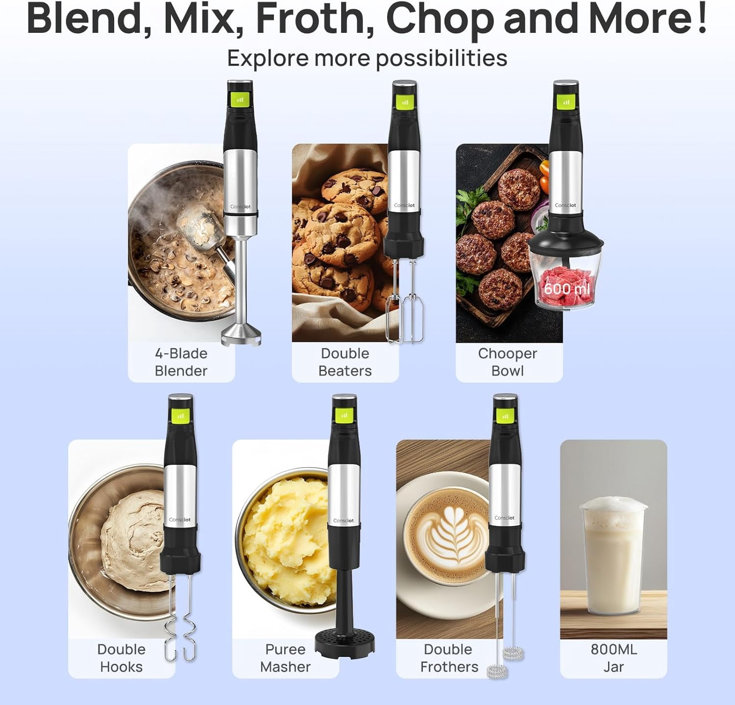 7-in-1 Immersion Blender Handheld Max 1100W Stainless Steel Shaft with Beaker Chopper