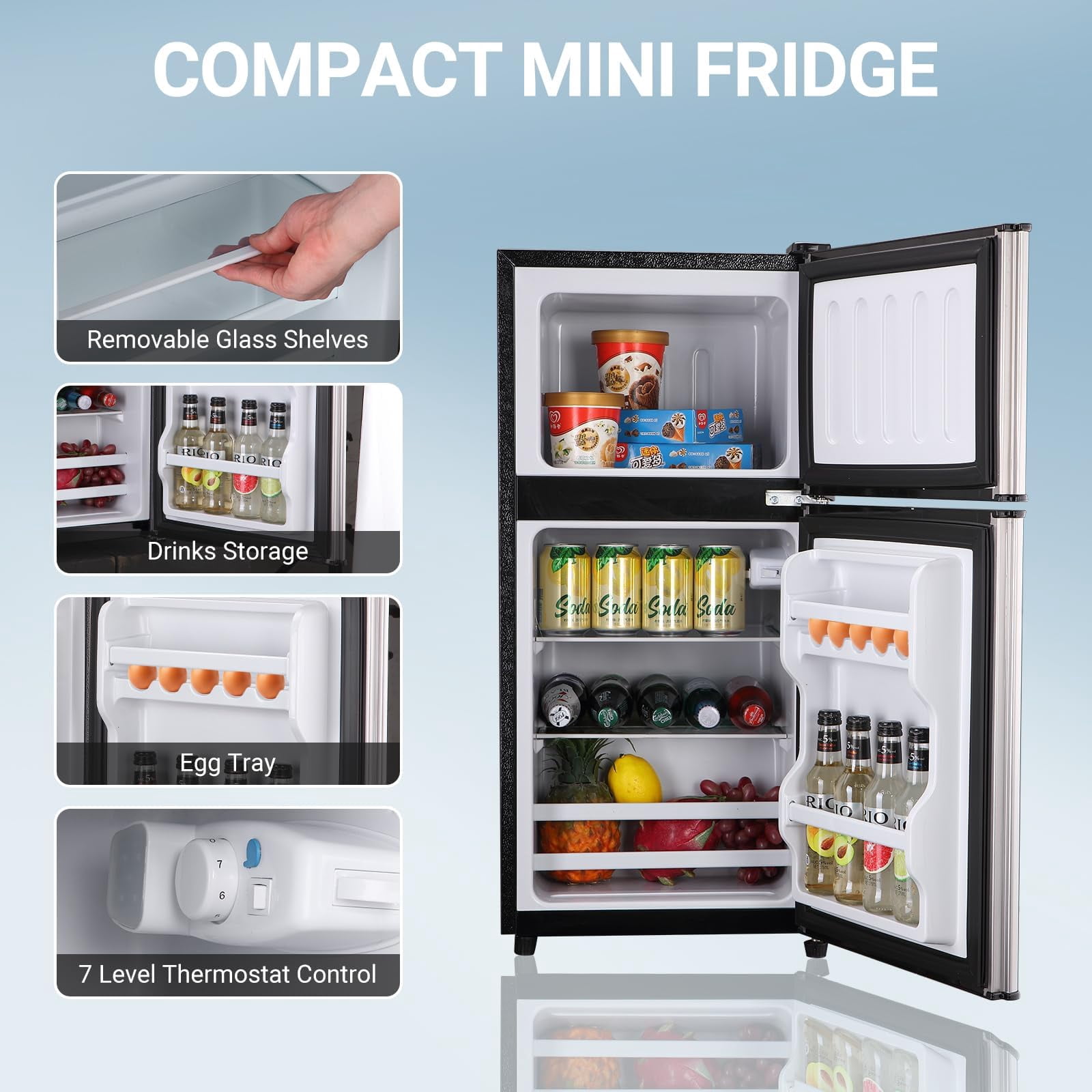 3.6 Cu.Ft Mini Fridge with Freezer, Adjustable Thermostat Compact Fridge with Freezer, Mini Refrigerator with Freezers Small Size Dorm Fridges for Office Apartment Dorm Kitchen Office, Silver