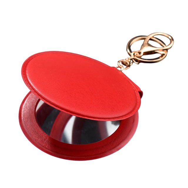 Mini espejo de maquillaje de piel sintética con llavero, espejo de tocador portátil para mujer con llavero, espejo cosmético plegable de mano de doble cara.