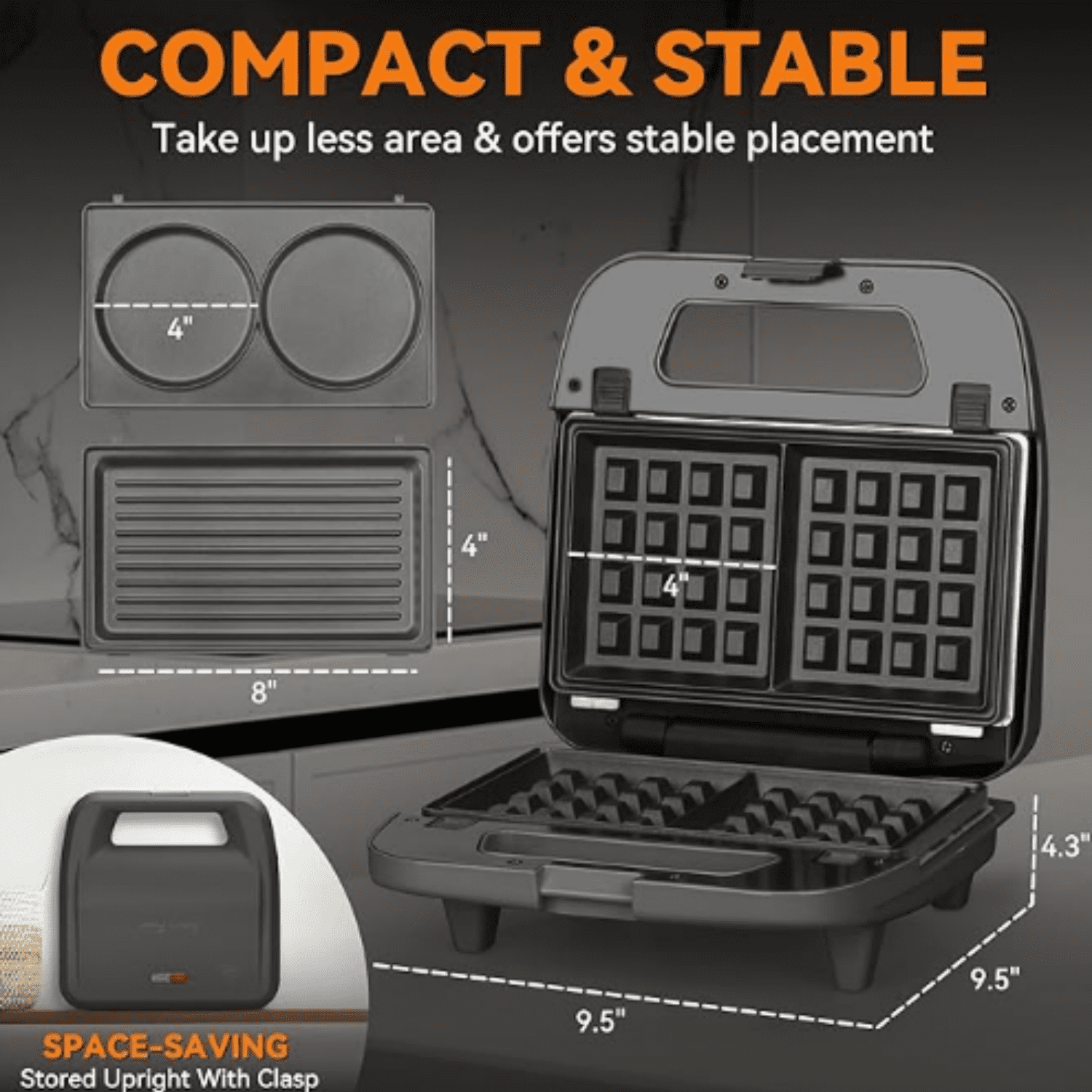 3 in 1 Mini Waffle Maker with Removable Plates, Dual Waffle & Pancake and Grill Plates, Breakfast Sandwich Maker Press, Dishwasher , Non-stick Coating, Graphite