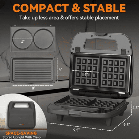 3 in 1 Mini Waffle Maker with Removable Plates, Dual Waffle & Pancake and Grill Plates, Breakfast Sandwich Maker Press, Dishwasher , Non-stick Coating, Graphite