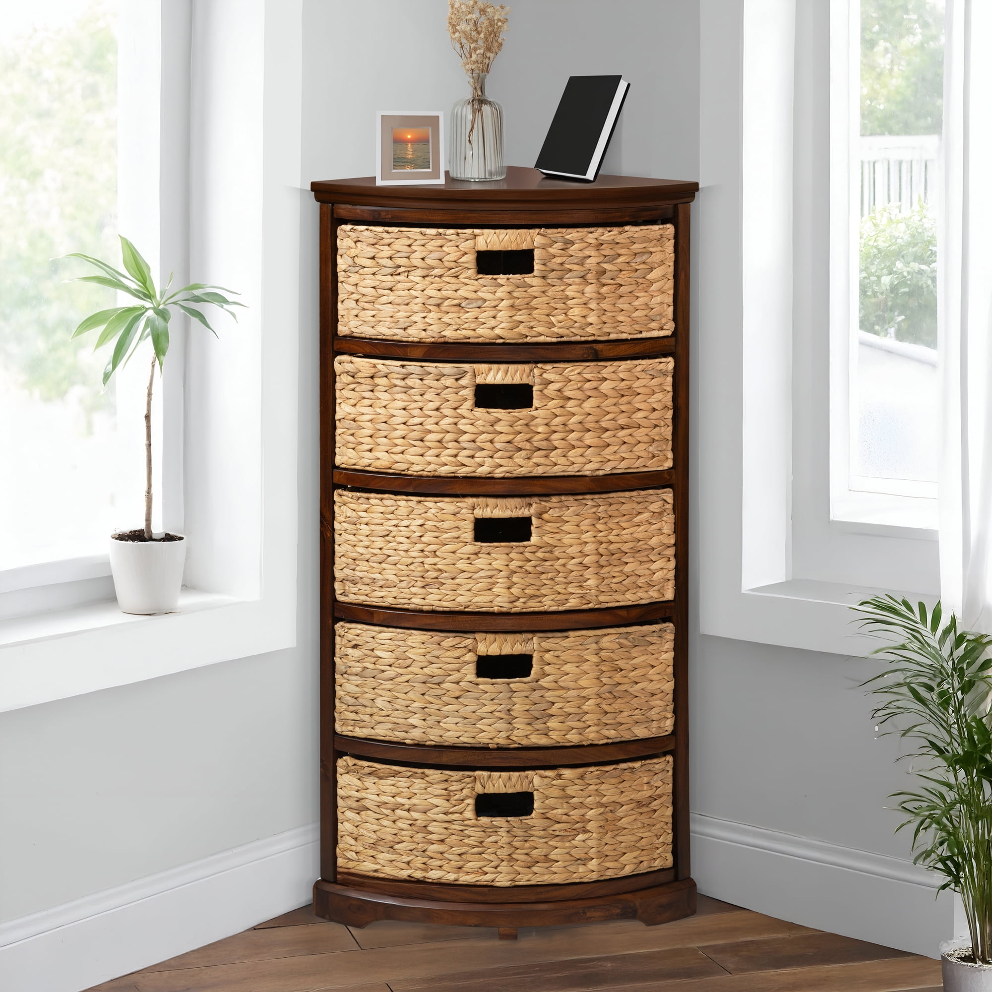 eHemco Hampton Meadows 5 Tier X-Side Corner Storage Cabinet with 5 Wicker Baskets, Walnut