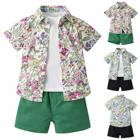 

Fesfesfes Kids Matching Outfits Summer Children s Wear Boy s Short Sleeve Floral Shirt With White T-shirt Shorts Set 5-6 Years