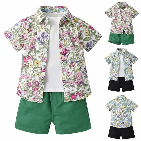 Fesfesfes Kids Matching Outfits Summer Children's Wear Boy's Short Sleeve Floral Shirt With White T-shirt Shorts Set 2-3 Years