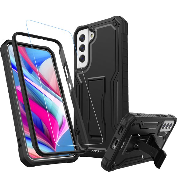 FITO For Samsung Galaxy S22 Plus Case, Phone Case with Screen Protector and Kickstand (Black)