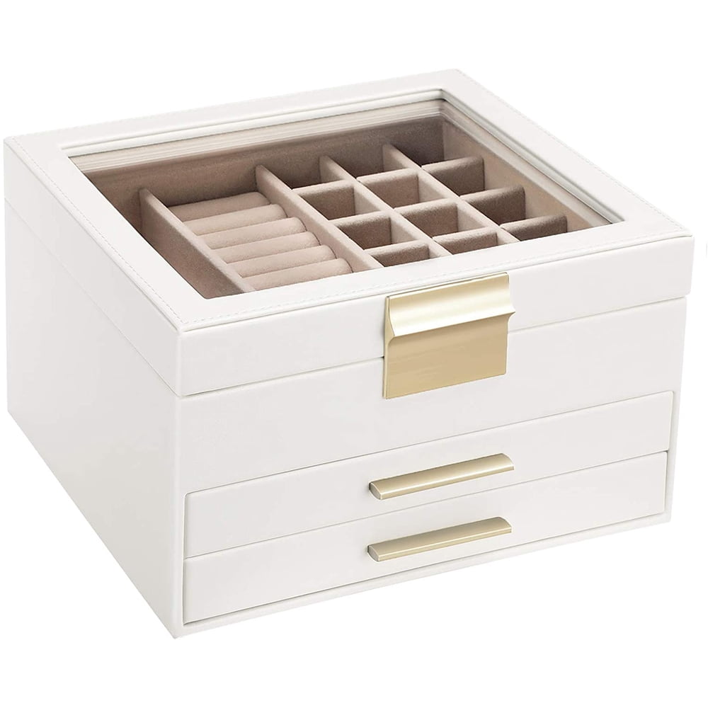 Songmics SONGMICS Jewelry Box with Glass Lid, 3Layer Jewelry Organizer with 2 Drawers, Gift