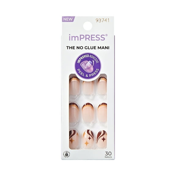 KISS imPRESS Press on Nails, Design, Love Words, Brown, Short Oval, 30 Count