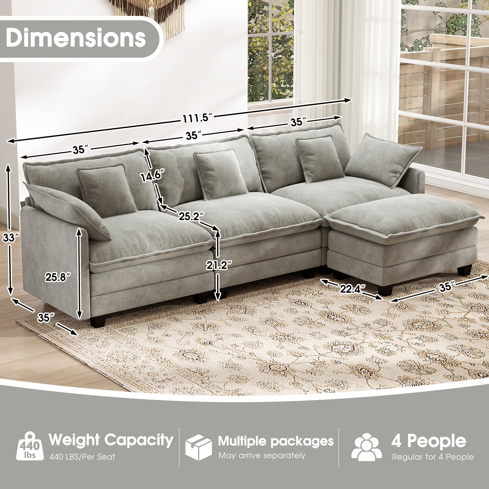 BedLuxury 111.5'' Modular Sectional Sofa with Movable Ottoman, L Shaped Cloud Couch for Living Room, 3-Seat, Grey