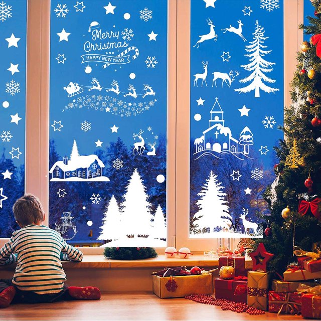 166 piezas de pegatinas de copos de nieve para ventana, accesorios de Navidad y Año Nuevo en blanco
