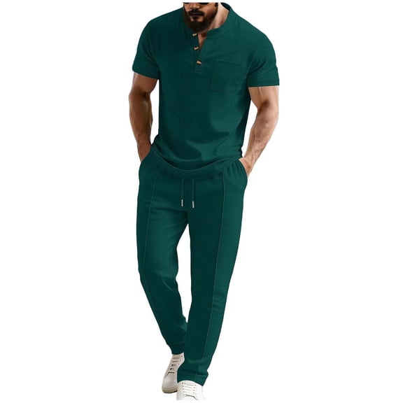 Avirosel Men's Casual Solid Color Pocket Short Sleeve Top and Elastic Waist Pants Set for Outdoor Summer Relaxed Wear