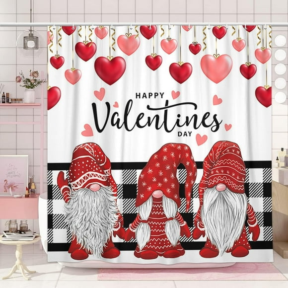 Rideau de Douche de la Saint-Valentin, Mignon Lutin Saint-Valentin Romantique Style Ferme Rideaux de Douche en Tissu Rouge Cœur d'Amour pour Salle de Bain, Accessoires de Salle de Bain en Tissu à Carreaux Buffalo Noir et Blanc, 72x72 Po