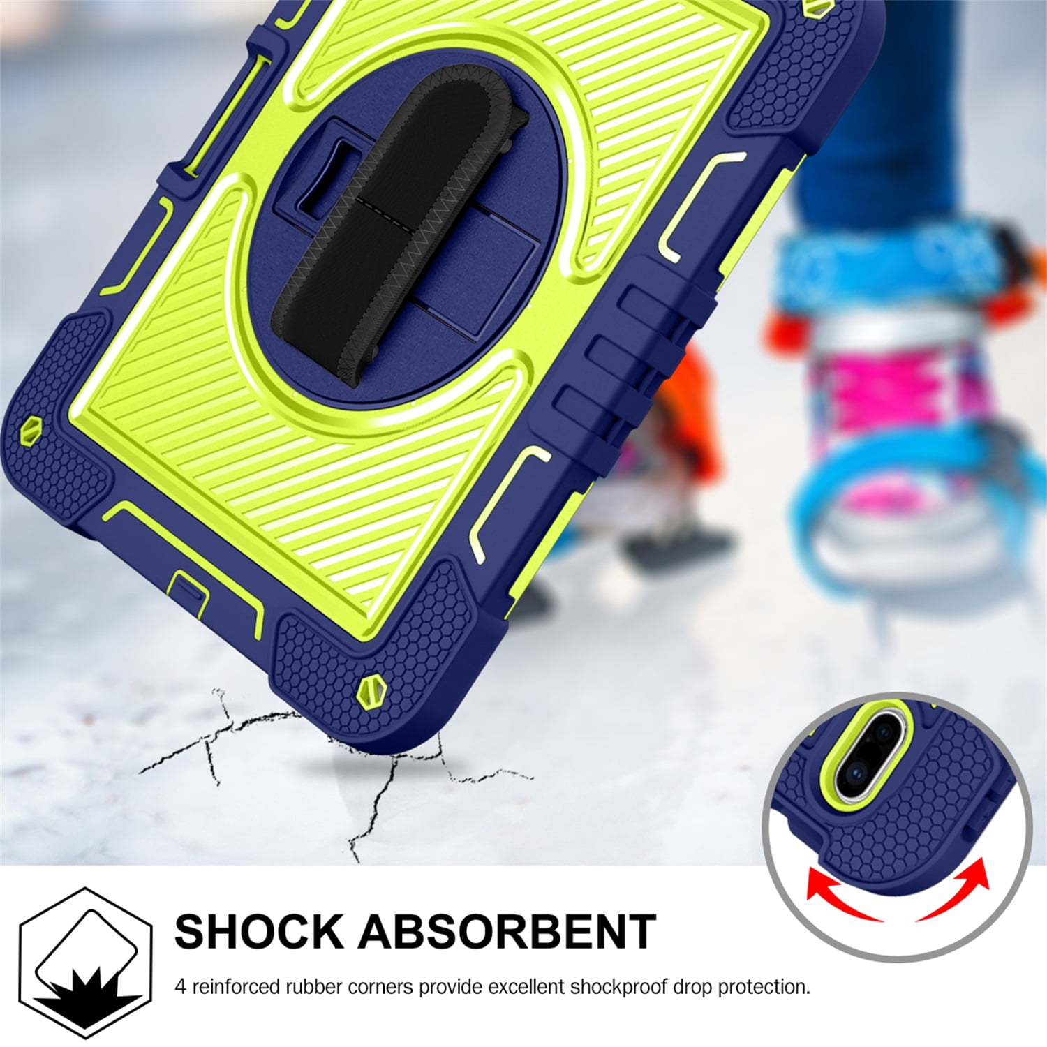 Tarise Case for Apple iPad 10th Generation 10.9 inch (2022), 360° Rotating Kickstand with Pencil Holder/ Hand Strap/ Shoulder Strap Hard PC Rugged Silicone Shockproof Stand Cover, Navy + Yellow Green