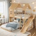 thumbnail image 3 of Harper & Bright Designs Twin over Full House Bunk Bed with Wardrobe and Storage Shelves, Wood Bunk Bed Frame with Ladders and Slides, Natural, 3 of 14