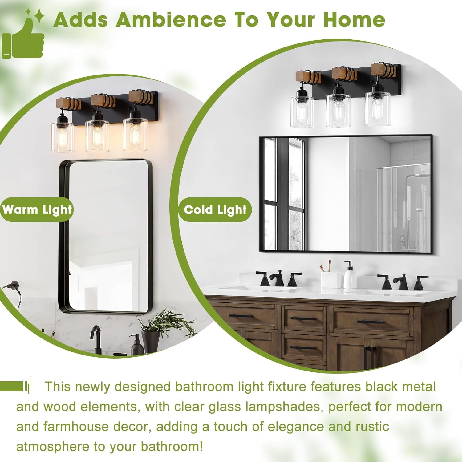 Farmhouse 3-Lights Wood Bathroom Vanity Light Black Bathroom Light Fixtures over Mirror with Clear Glass Shades for Living Room, Bedroom, Hallway
