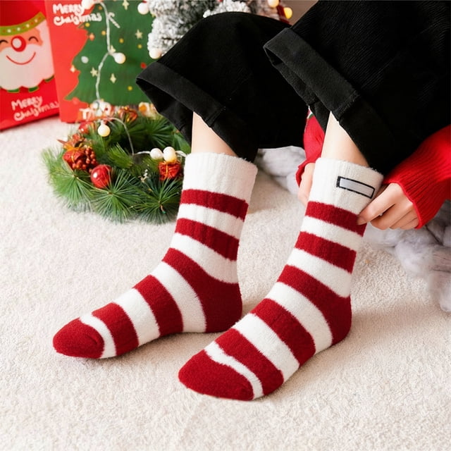 PEONAVET Chaussettes en Molleton Corail Hiver Rouges Chaussettes Natales Australie Velours Chaleur Épaissies Rembourrées Chaussettes de Sommeil Chaussettes de Maison Chaussettes de Sol Bas Femme