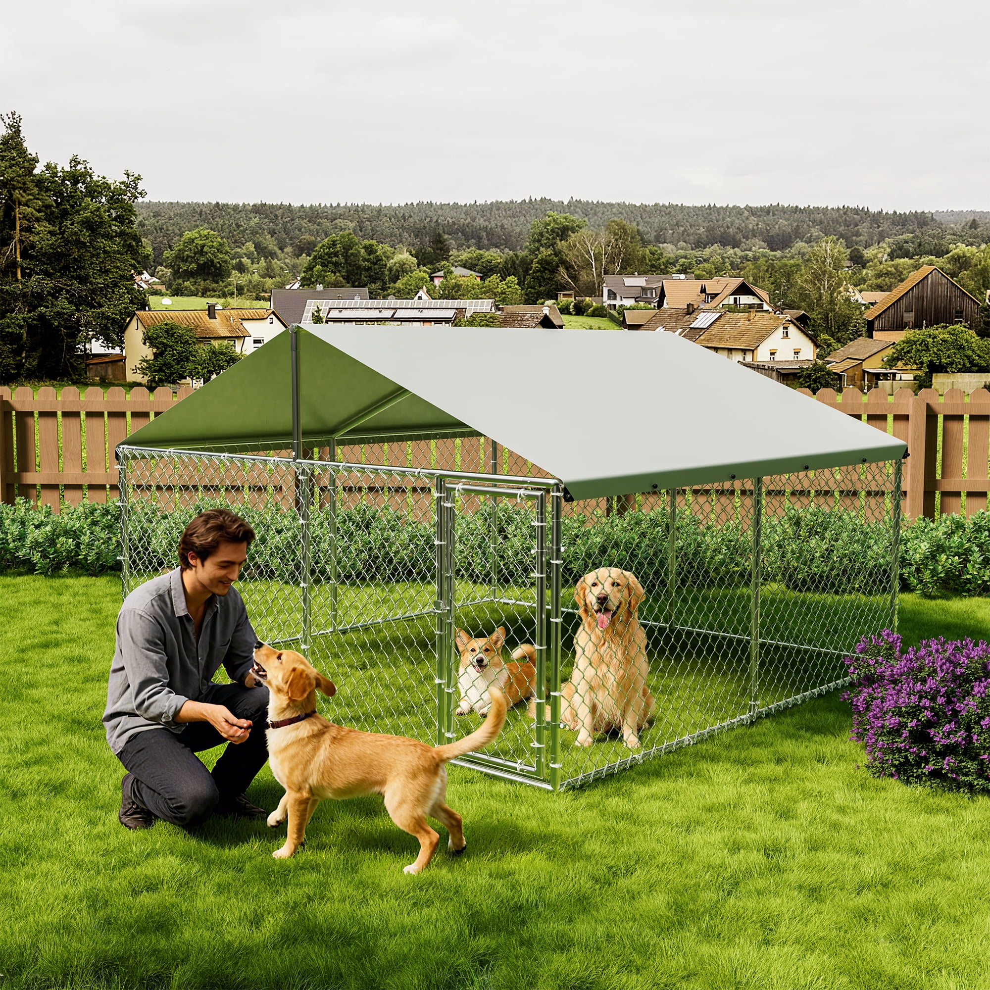 Large Outdoor Dog Kennel with Waterproof & UV-Resistant Cover, Galvanized Chain Link Dog Run, Heavy Duty Pet House Pet Playpen for Outside Backyard Farm Use, 10x10x6ft
