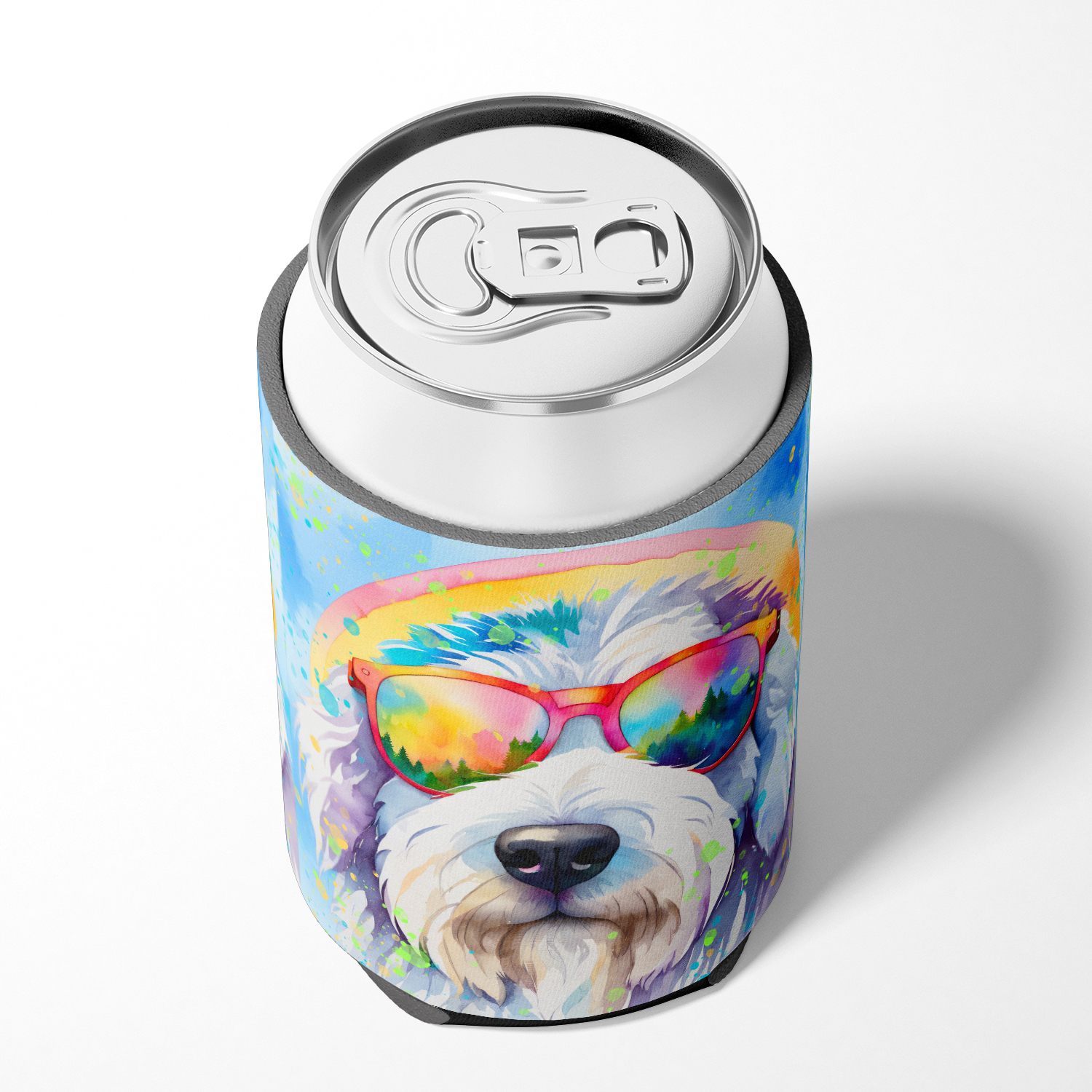 Old English Sheepdog Hippie Dawg Can or Bottle Hugger 3 in x 5 in
