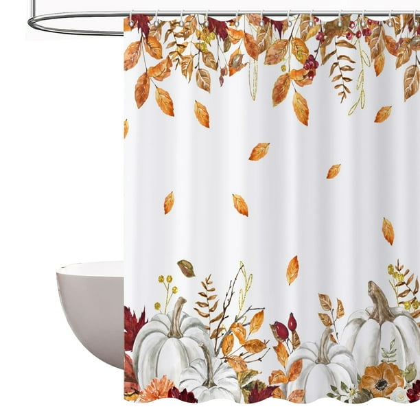 Cortina de baño con diseño de calabazas otoñales de acuarela con ramas doradas, hojas que caen, cosecha, día de Acción de Gracias, tela impermeable, lavable a máquina, con ganchos, 72" de ancho x 72"