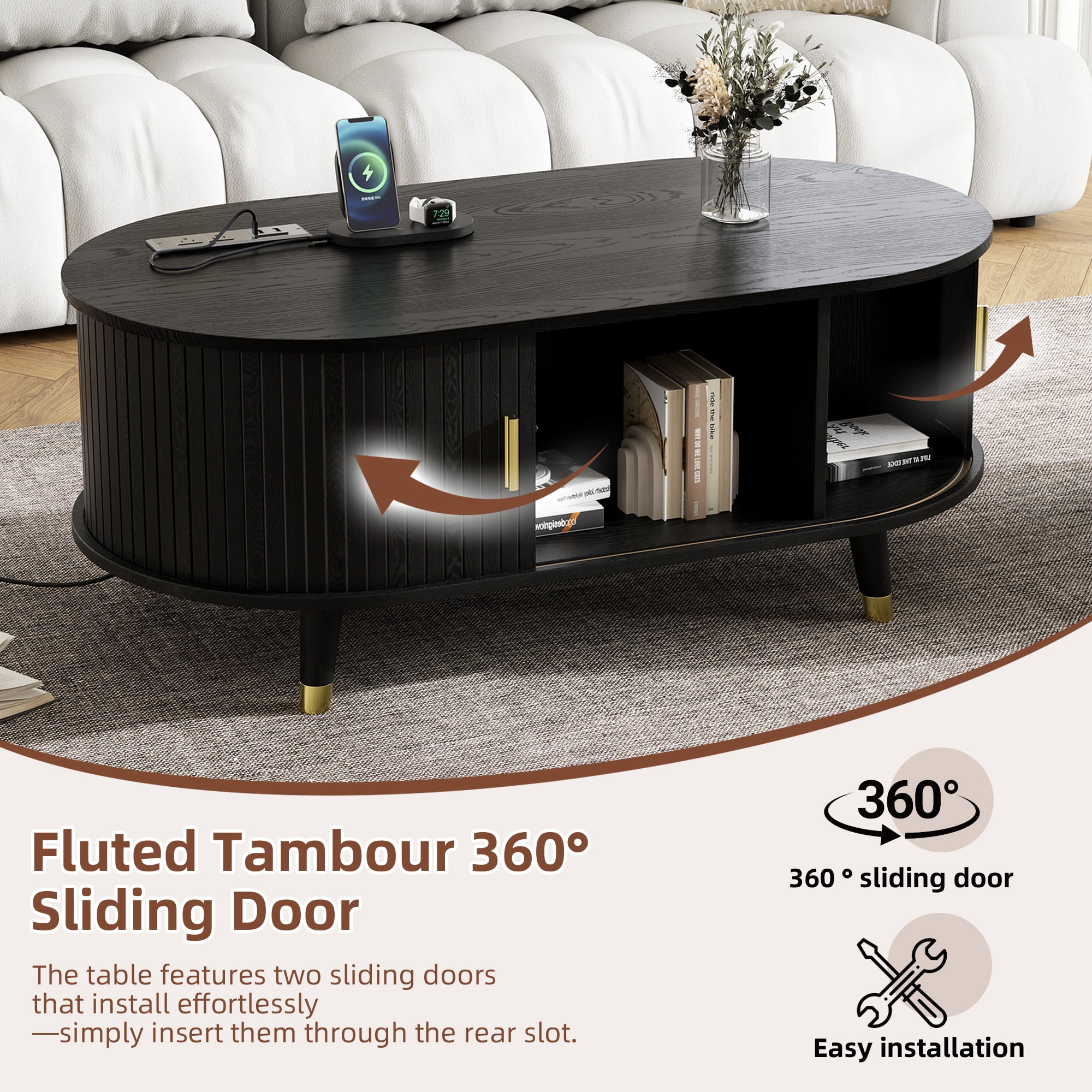 Euroco Mid-Century Modern Round Coffee Table with Fluted Sliding Doors, Charging Station, and Storage，Black