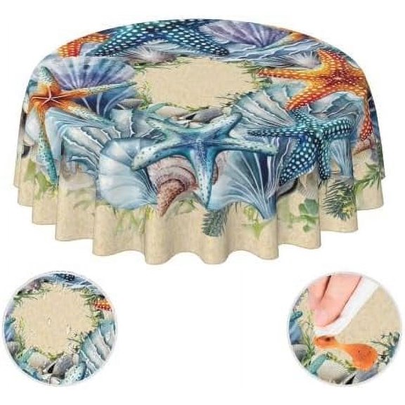 Christmas Summer Shell Coastal Wreath Beach Starfish Sea Theme Waterproof Picnic Patio Party Round Table Cloth Cover Fabric 60 Inch Circular Tablecloth For 20-47 Inch Home Dining Room Kitchen