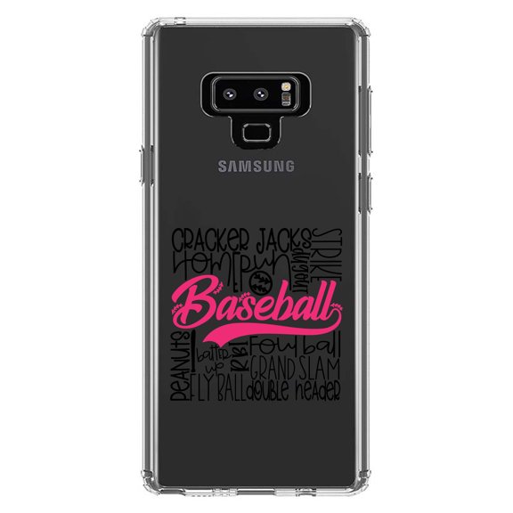 DistinctInk Clear Shockproof Hybrid Case for Samsung Galaxy Note 9 - TPU Bumper Acrylic Back Tempered Glass Screen Protector - Baseball Word Art - Black & Pink
