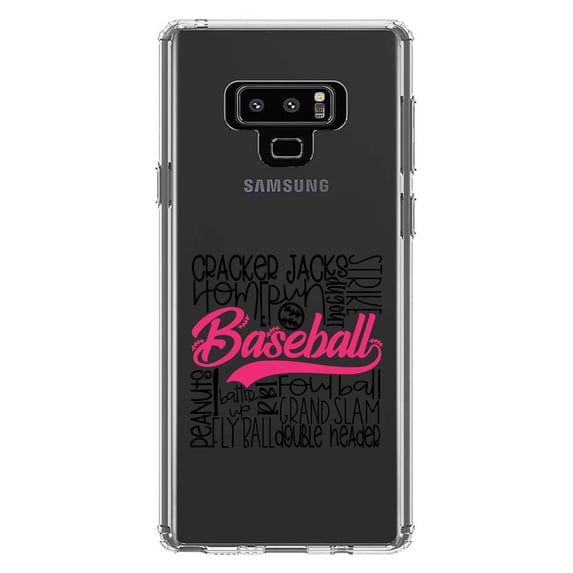 DistinctInk Clear Shockproof Hybrid Case for Samsung Galaxy Note 9 - TPU Bumper Acrylic Back Tempered Glass Screen Protector - Baseball Word Art - Black & Pink