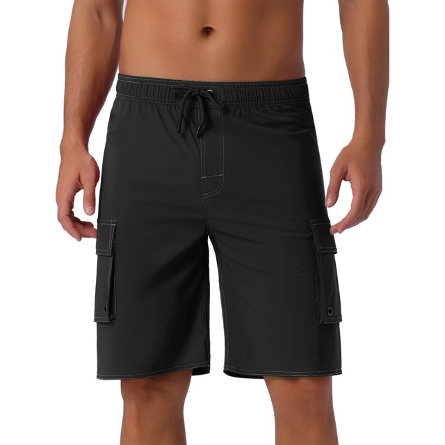 INSPIRAR CHIC Pantalones Cortos de Verano para Hombre con Cintura Ajustable, Color Sólido, Bolsillos Laterales, Forro, 34 Negro