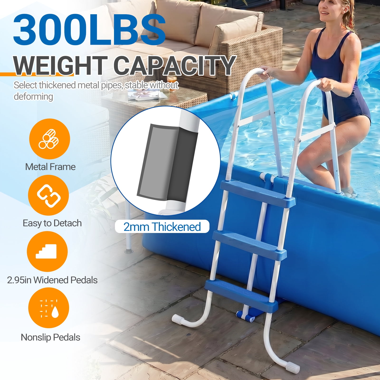 Ktaxon 3-Step 43" Steel Above Ground Pool Ladder, Heavy Duty Non-Slip, White Frame & Blue Steps
