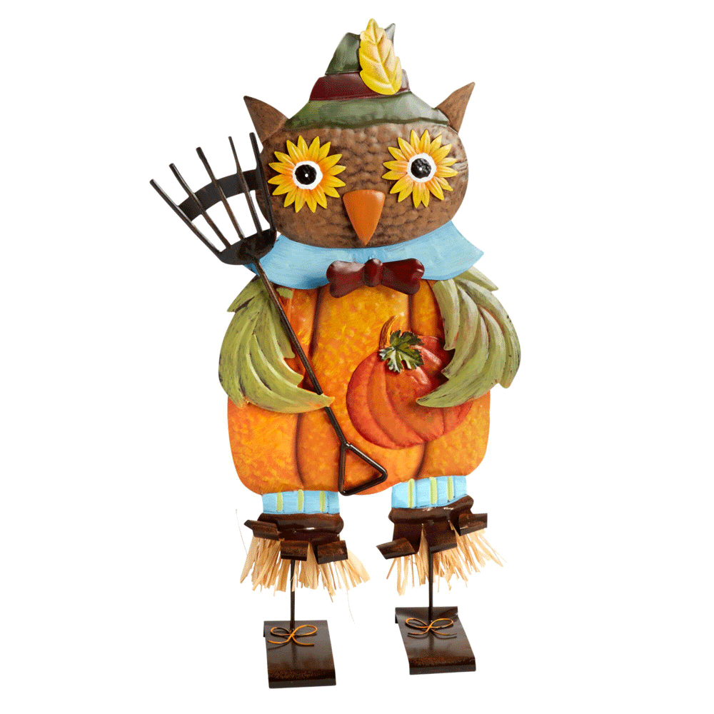 Northeast Harvest Autumn Outdoor Standing Metal Decor Statue, 24Inch (Owl Scarecrow with Rake