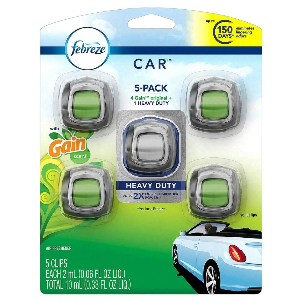 Febreze Car Air Freshener 5Pack, 4 Gain Original Scent + 1 Heavy Duty