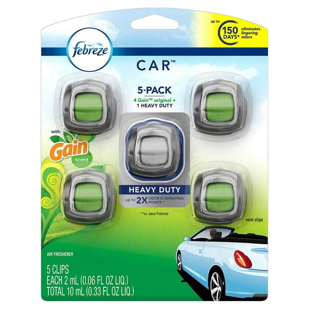 Febreze Car Air Freshener 5Pack, 4 Gain Original Scent + 1 Heavy Duty
