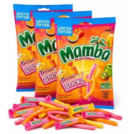 Mamba Tropical Sticks, Soft Chewy Fruit Flavored Candy Variety Pack 3.17 Oz Pack of 3