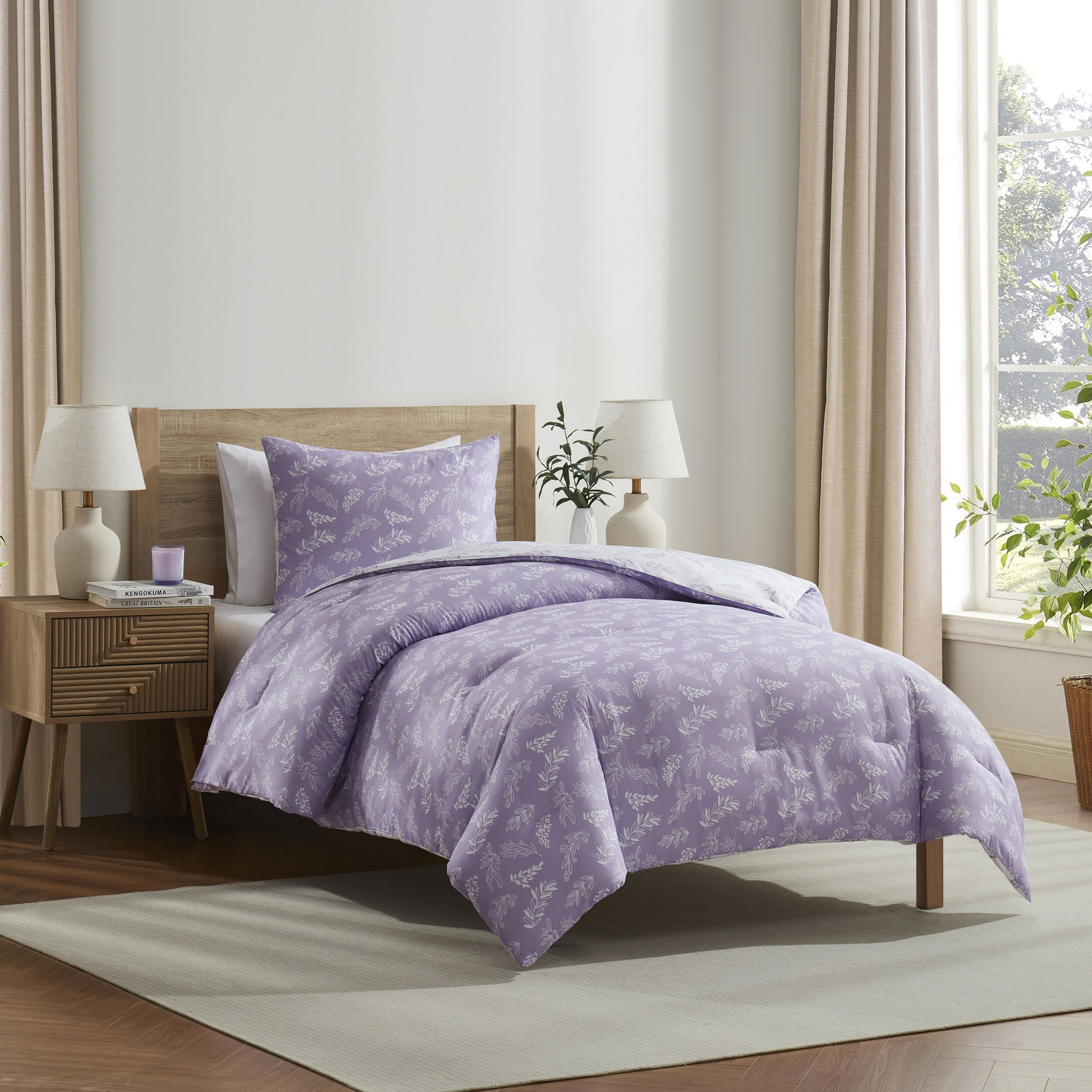 LammaLoe Twin Comforter Sets, 2 Piece Botanical Bed in a Bag, Reversible Bedding Comforter Set with Sheets, Modern Bed Set, Lavender/Off White