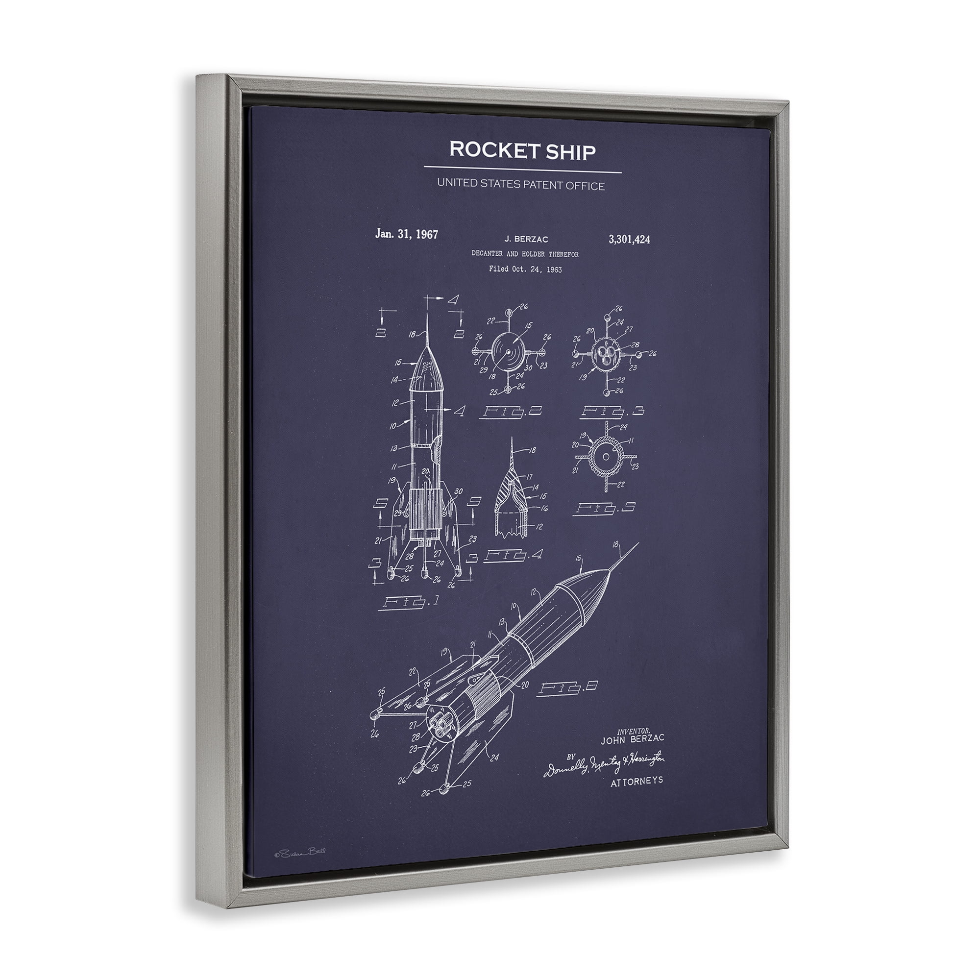 Stupell Industries Rocket Ship Blueprint Transportation Painting Gray Floater Framed Art Print Wall Art, 17 x 21