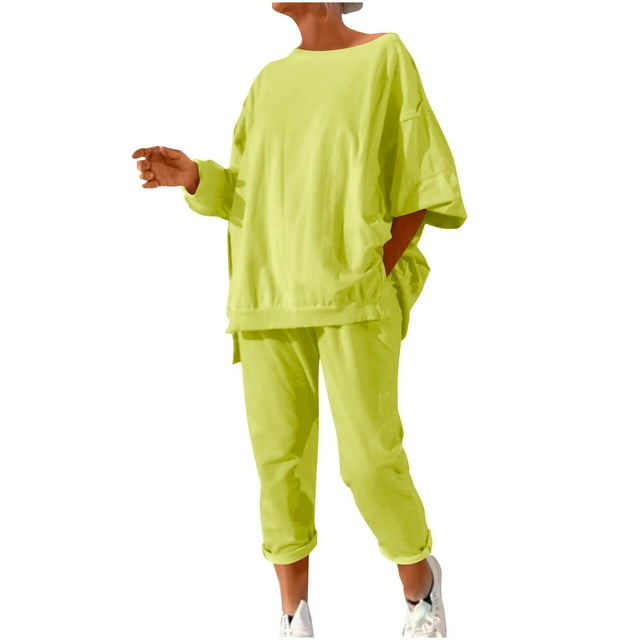 Enjoytime Vacation Outfits for Women Solid Color Round Neck Loose Pullover Sweatshirt Sweatpants Sweatsuits Fall Winter Fashion Lounge Set