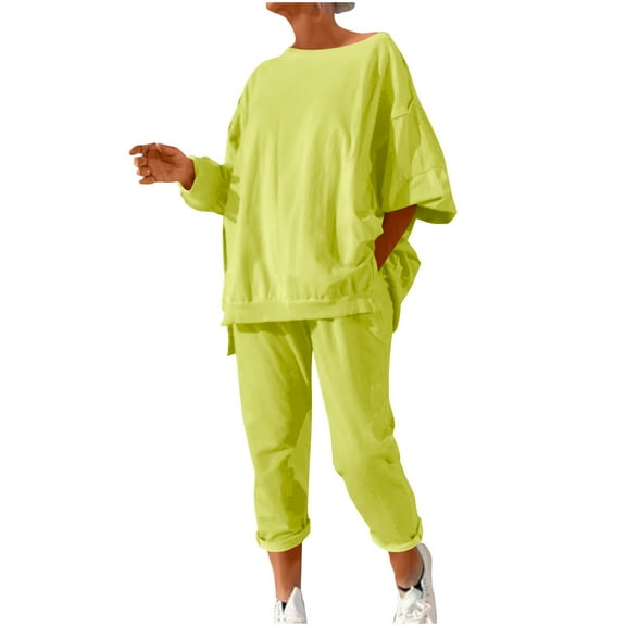 YUGYXL Two Piece Sets for Women Long Sleeve Sweatshirt Sweatpants Soft Fall Travel Tracksuits Cozy Sweatsuits Yellow L