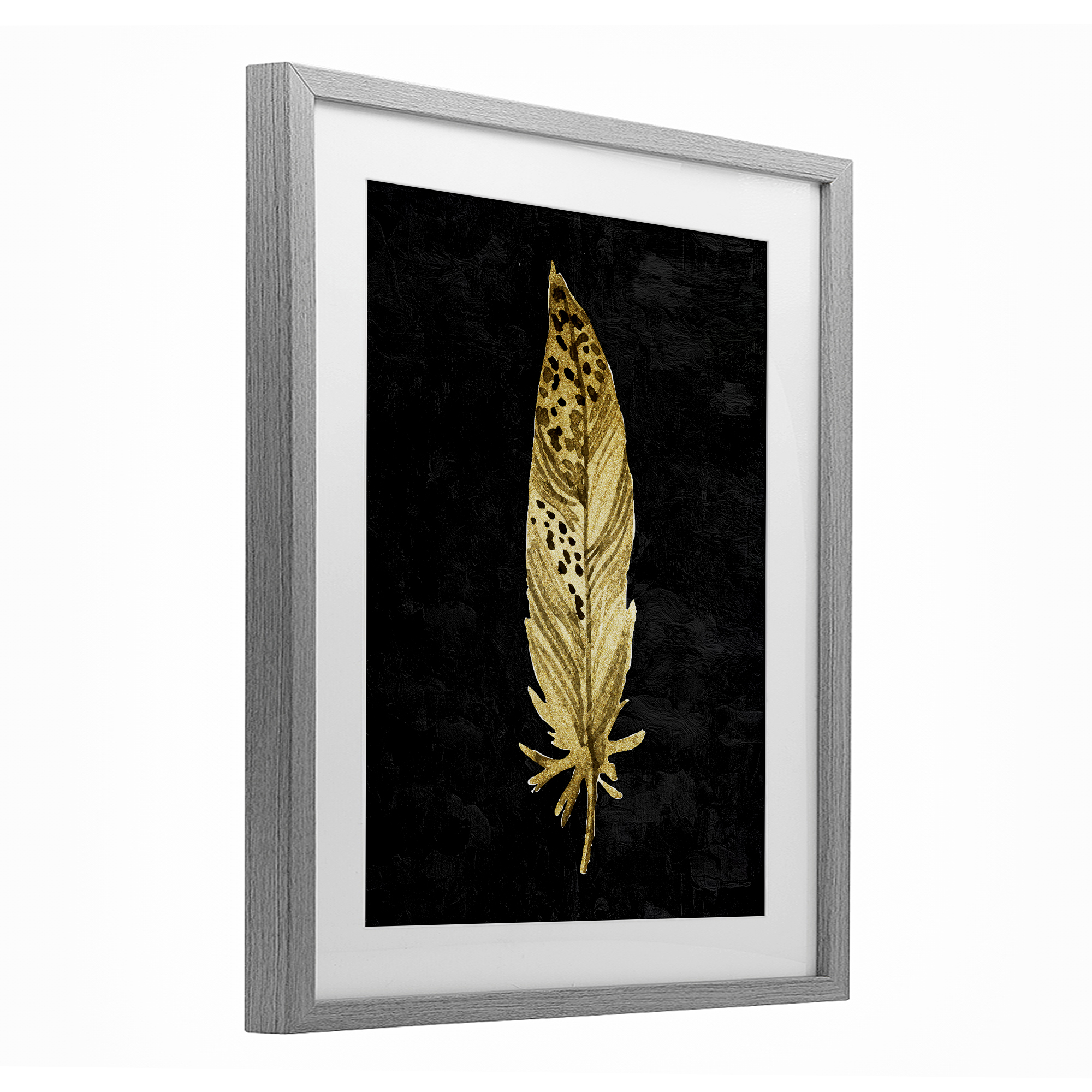 Speckled Feather on Black Gray Framed Print Under Glass, design by Kim Allen