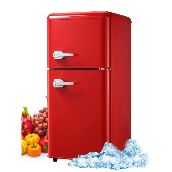 Prilinex Mini Fridge with Freezer, 3.5.0 Cu ft Dual Door Fridge, 7- Level Adjustable Electrical Thermostat Control, Removable Glass Shelves Compact Refrigerator for for Bedroom Dorm Office, Red