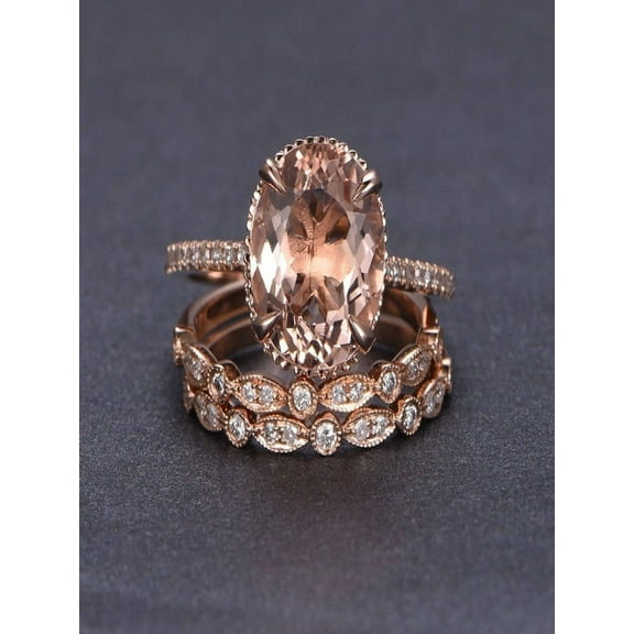 2 carat Morganite and Diamond Trio Ring Set in 10k Rose Gold with One Engagement Ring and 2 Wedding Bands