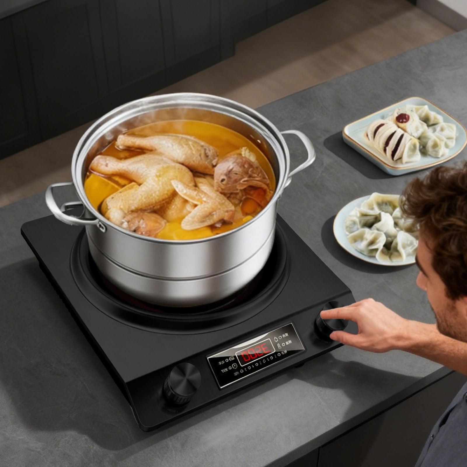 3500W Commercial Induction Cooktop - Portable Multifunctional Design with LCD Display, Knob Control, 10 Temp Settings & Concave Coil for Home/Restaurant/Food Truck,Black