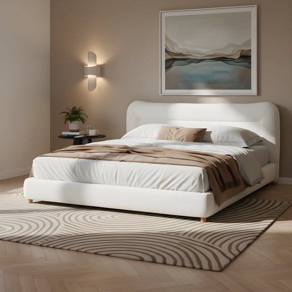 Christopher Knight Home Minimalist Queen Teddy Plush Platform Bed with Curved Headboard, Cream