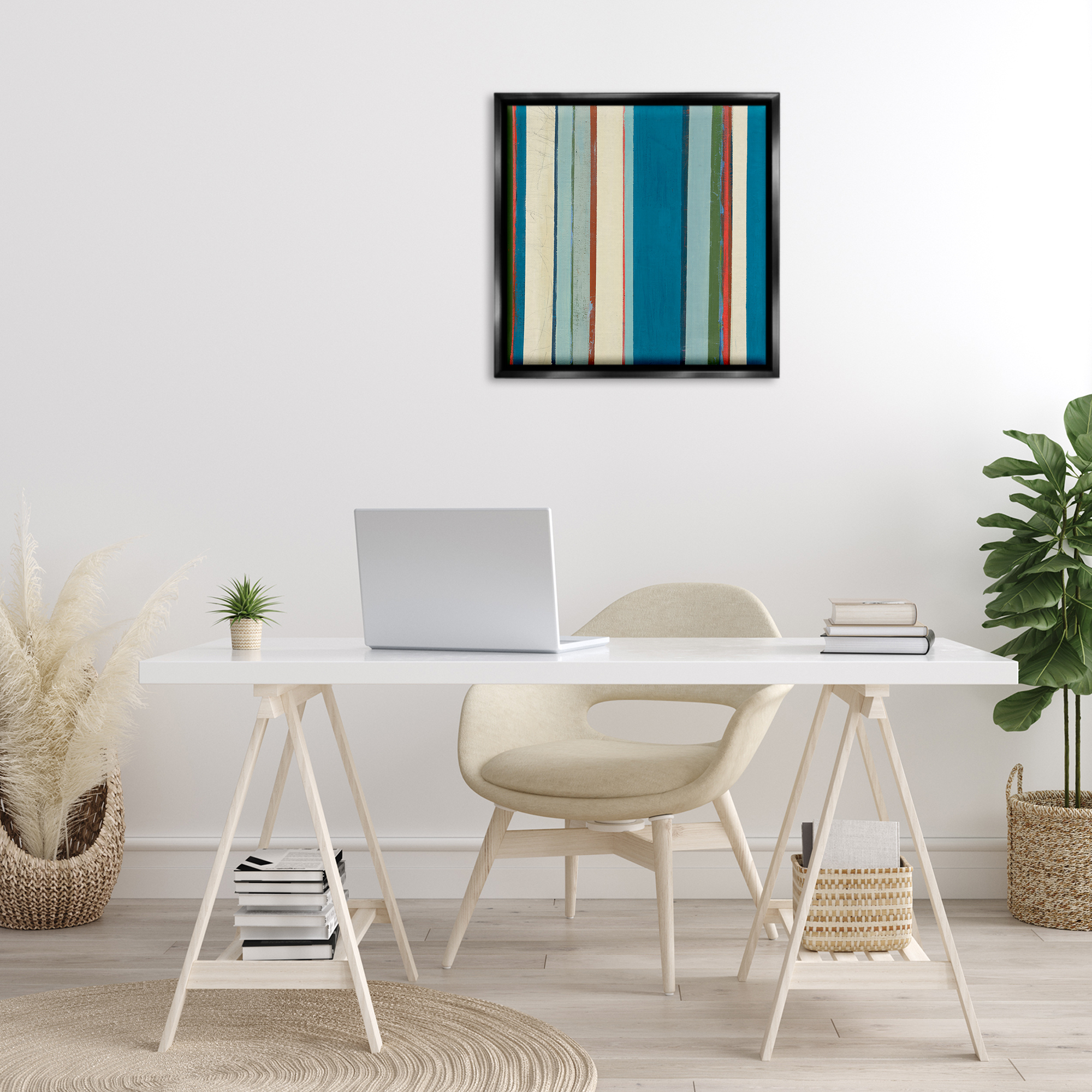 Stupell Industries Asymmetrical Blue Stripes Abstract Painting Black Floater Framed Canvas Art Print Wall Art, 25 x 25