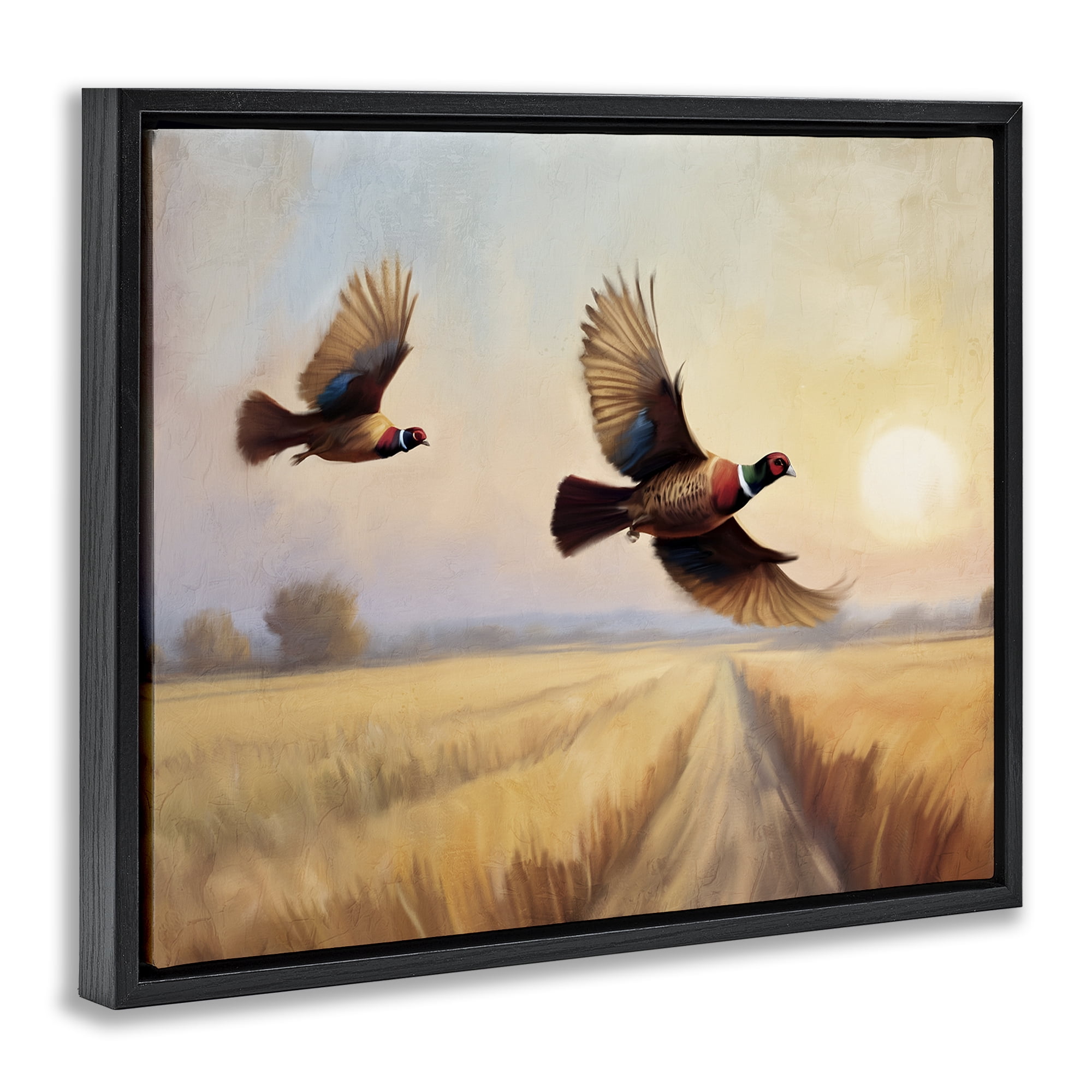 Stupell Industries Fall Flight Pheasants Landscape & Nature Painting Black Floater Framed Canvas Art Print Wall Art, 21 x 17