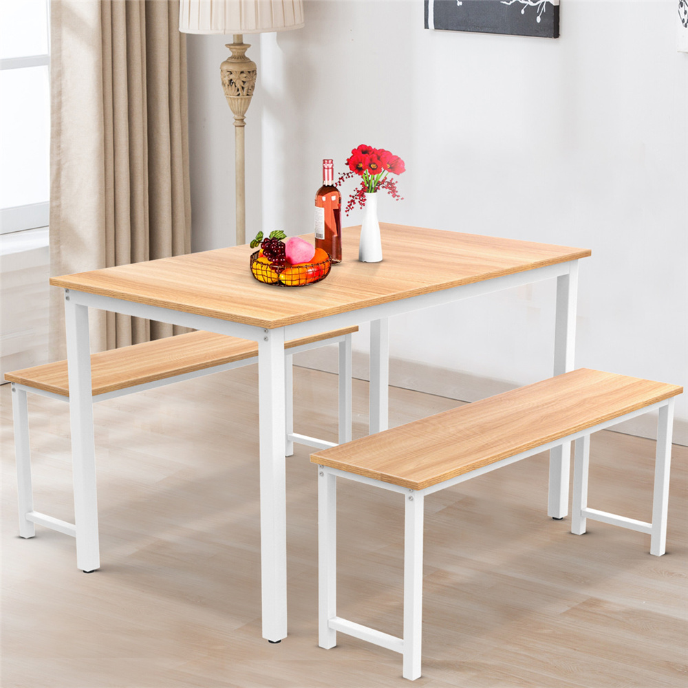 Dining Table Set with Bench, 3 Pieces Farmhouse Kitchen Table Set with Two Benches, Small Dining Table Sets with Metal Frame and MDF Board, Beige Modern Dining Furniture Set for Home, Cafeteria, L5412 - image 4 of 10