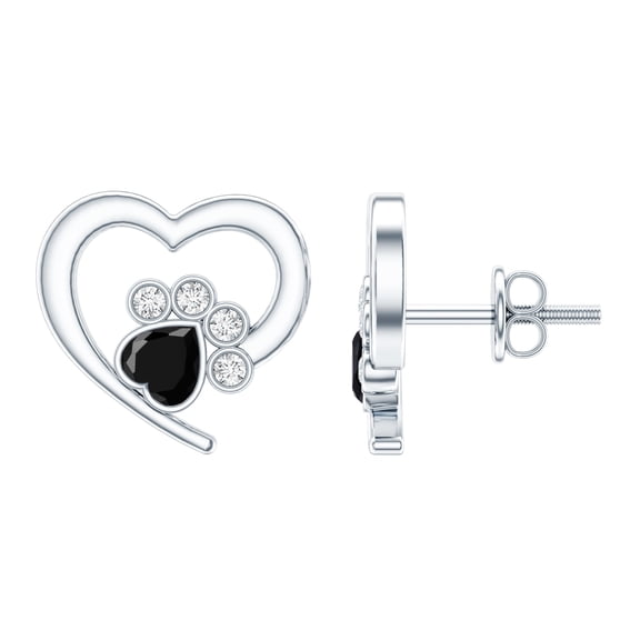 Rosec Jewels Bezel Set Heart Shape Black Spinel Paw Stud Earrings with Moissanite, 925 Sterling Silver